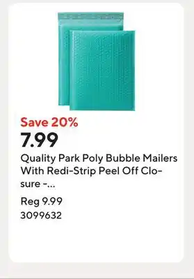Staples Quality Park Poly Bubble Mailers With Redi-Strip Peel Off Closure - 11 L x 8.25 W - Teal - 8 Pack offer