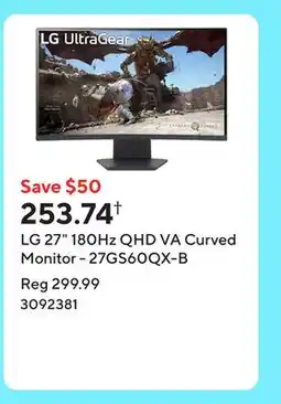 Staples LG 27 180Hz QHD VA Curved Monitor - 27GS60QX-B offer