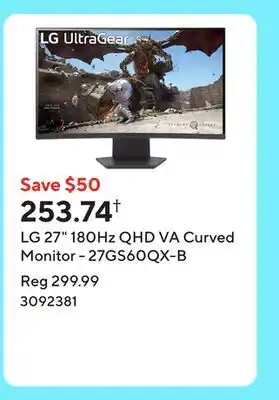 Staples LG 27 180Hz QHD VA Curved Monitor - 27GS60QX-B offer