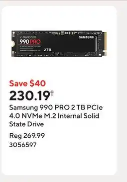 Staples Samsung 990 PRO 2 TB PCIe 4.0 NVMe M.2 Internal Solid State Drive offer