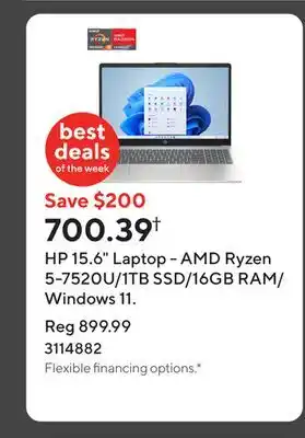 Staples HP 15.6 Laptop - AMD Ryzen 5-7520U/1TB SSD/16GB RAM/Windows 11 offer