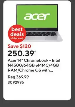 Staples Acer 14 Chromebook - Intel N4500/64GB eMMC/4GB RAM/Chrome OS with 3 months of Gemini Advanced offer