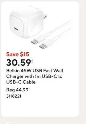 Staples Belkin 45W USB Fast Wall Charger with 1m USB-C to USB-C Cable offer