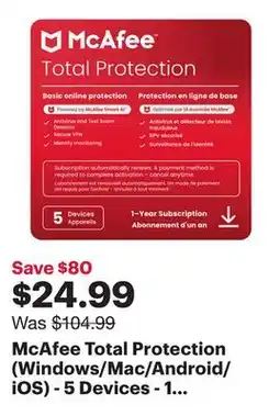 Best Buy McAfee Total Protection (Windows/Mac/Android/iOS) - 5 Devices - 1 Year - Digital Download offer