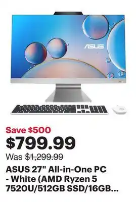 Best Buy ASUS 27 All-in-One PC - White (AMD Ryzen 5 7520U/512GB SSD/16GB RAM/Win 11) - Only at Best Buy offer