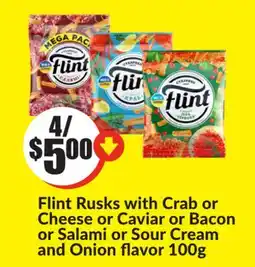 FreshCo Flint Rusks with Crab or Cheese or Caviar or Bacon or Salami or Sour Cream and Onion flavor 100 g offer