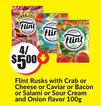 FreshCo Flint Rusks with Crab or Cheese or Caviar or Bacon or Salami or Sour Cream and Onion flavor 100 g offer