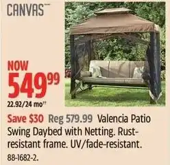 Canadian Tire CANVAS Valencia Patio Swing Daybed with Netting. Rust- resistant frame. UV/fade-resistant offer