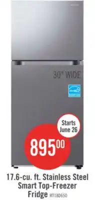 The Brick Samsung 30 17.6 Cu. Ft. Smart Top-Freezer Refrigerator - Stainless Steel - RT18DG6500SRAC offer