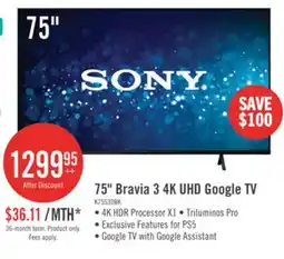 The Brick Sony 75 Bravia 3 LED 4K HDR10 Dolby Vision Motionflow XR 60Hz Google Smart TV (K75S30) offer
