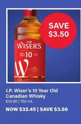 LCBO J.P. Wiser's 10 Year Old Canadian Whisky offer