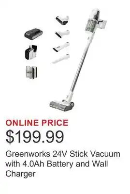 Costco Greenworks 24V Stick Vacuum with 4.0Ah Battery and Wall Charger offer