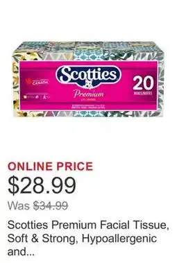 Costco Scotties Premium Facial Tissue, Soft & Strong, Hypoallergenic and Dermatologist Tested, 20-pack offer