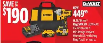 Canadian Tire Dewalt XR Brushless 1⁄2˝ Mid-Range Impact Wrench Kit with Hog Ring Anvil offer