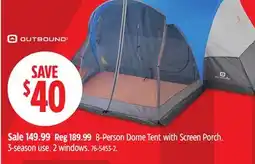 Canadian Tire Outbound 8-Person Dome Tent with Screen Porch. 3-season use. 2 windows offer