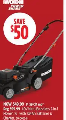 Canadian Tire Worx 40V Nitro 2-in-1 Brushless Mower, 16' offer