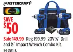 Canadian Tire Mastercraft 20V 1⁄2˝ Drill and 1⁄2˝ Impact Wrench Combo Kit offer