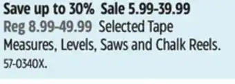 Canadian Tire Irwin Selected Tape Measures, Levels, Saws and Chalk Reels offer