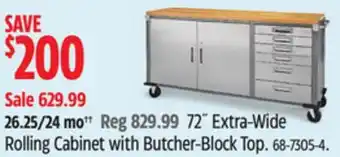 Canadian Tire Mastercraft 72˝ Extra-Wide Rolling Cabinet with Butcher-Block Top offer