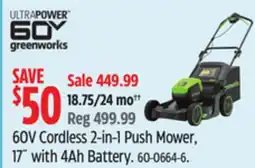 Canadian Tire Greenworks 60V Cordless 2-in-1 Push Mower offer