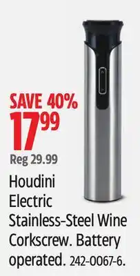 Canadian Tire Houdini Electric Stainless-Steel Wine Corkscrew Battery operated offer