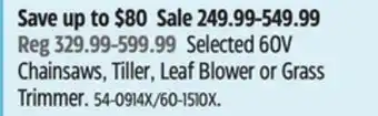 Canadian Tire Greenworks Selected 60V Chainsaws, Tiller, Leaf Blower or Grass Trimmer offer