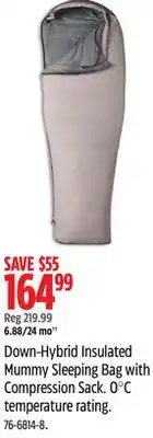 Canadian Tire Woods Down-Hybrid Insulated Mummy Sleeping Bag with Compression Sack. 0°C temperature rating offer