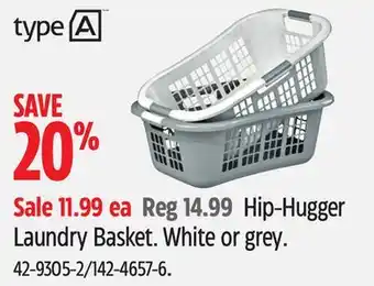 Canadian Tire Hip-Hugger Laundry Basket. White or grey offer