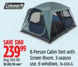 Canadian Tire Coleman 8-Person Cabin Tent with Screen Room. 3-season use. 6 windows offer