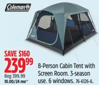 Canadian Tire Coleman 8-Person Cabin Tent with Screen Room. 3-season use. 6 windows offer