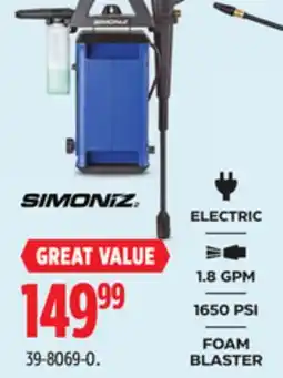 Canadian Tire SIMONIZ 1650 PSI 1.8 GPM Corded Cold Water Electric Pressure Washer w/ Foam Blaster offer
