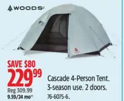 Canadian Tire Woods Cascade 4-Person Tent. 3-season use. 2 doors offer