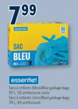 Familiprix ESSENTIEL, Blue garbage bags, 90 L, 30 units or Black garbage bags, 74 L, 40 units offer