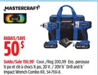 Canadian Tire Mastercraft 20V 1⁄2˝ Drill and 1⁄2˝ Impact Wrench Combo Kit offer