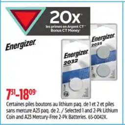Canadian Tire Energizer Selected 1 and 2-Pk Lithium Coin and A23 Mercury-Free 2-Pk Batteries offer
