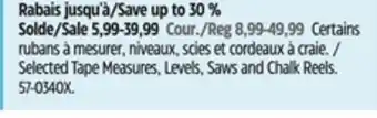 Canadian Tire Selected Tape Measures, Levels, Saws and Chalk Reels offer