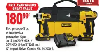 Canadian Tire Dewalt 20V MAX Li-Ion 1⁄2˝ Drill and 1⁄4˝ Impact Driver Combo Kit offer