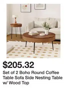 Bed Bath & Beyond Set of 2 Boho Round Coffee Table Sofa Side Nesting Table w/ Wood Top offer