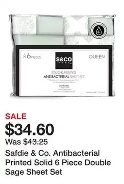 Bed Bath & Beyond Safdie & Co. Antibacterial Printed Solid 6 Piece Double Sage Sheet Set offer