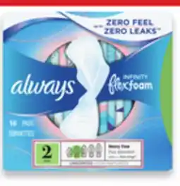 Walmart Always Infinity Flexfoam Pads 10s-18s or Tampax Pearl or Radiant Tampons 14s-18s offer