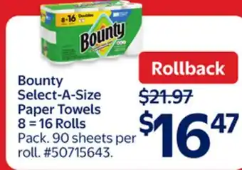 Walmart Bounty Select-A-Size Paper Towels 8 = 16 Rolls offer