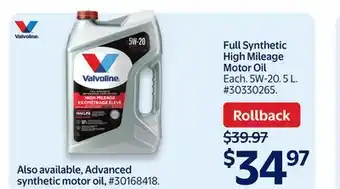 Walmart Full Synthetic High Mileage Motor Oil offer