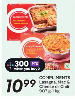 Sobeys COMPLIMENTS Lasagna, Mac & Cheese or Chili offer