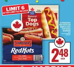 Food Basics SCHNEIDERS RED HOTS OR MAPLE LEAF TOP DOGS WIENERS offer