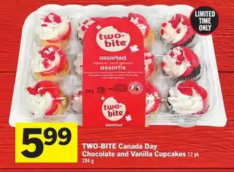 Foodland TWO-BITE Canada Day Chocolate and Vanilla Cupcakes offer