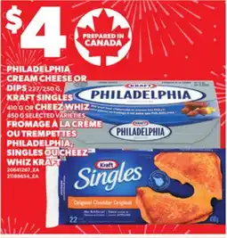Independent Grocer PHILADELPHIA CREAM CHEESE OR DIPS 227/250 G, KRAFT SINGLES 410 G CHEEZ WHIZ 450 G offer