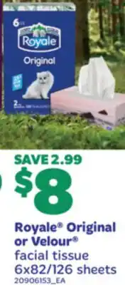 Real Canadian Superstore ROYALE ORIGINAL OR VELOUR FACIAL TISSUE, 6X82/126 SHEETS offer