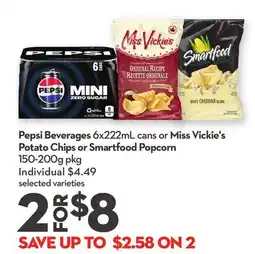 Longo's Pepsi Beverages 6x222mL cans or Miss Vickie's Potato Chips or Smartfood Popcorn 150-200g pkg offer