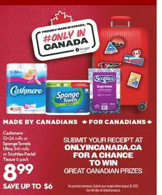 Longo's Cashmere 12=24 rolls or SpongeTowels Ultra 3=6 rolls or Scotties Facial Tissue 6 pack offer