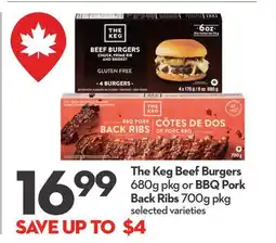 Longo's The Keg Beef Burgers 680g pkg or BBQ Pork Back Ribs 700g pkg offer